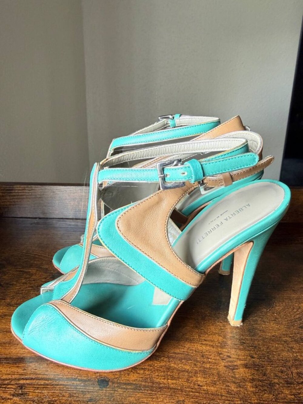 Alberta Ferretti Turquoise & Beige T-Strap Leather Sandals - Size 37 (US 6.5)
